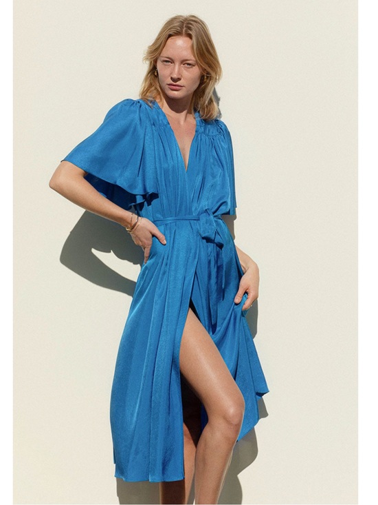 Ciao Lucia Dresses & Skirts - Ciao Lucia Serafina Satin Tie Wrap Midi Dress Flutter Short Sleeve V Lapis Blue